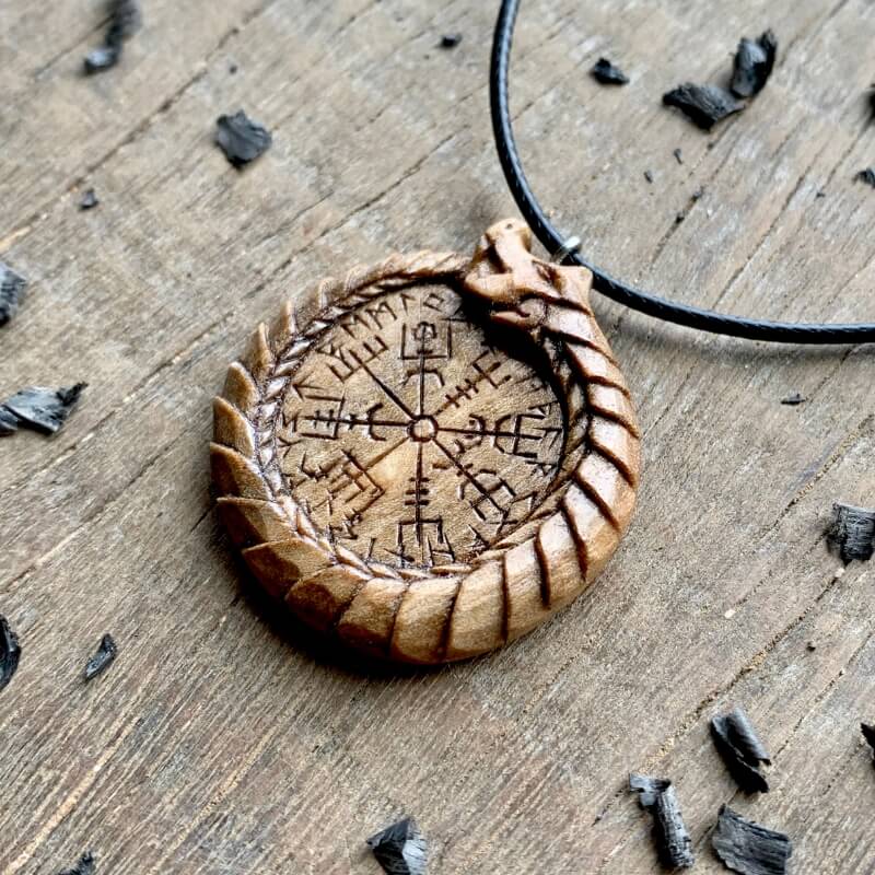 vkngjewelry Pendant Unique Walnut Wood Uroboro Vegvisir Runes Pendant