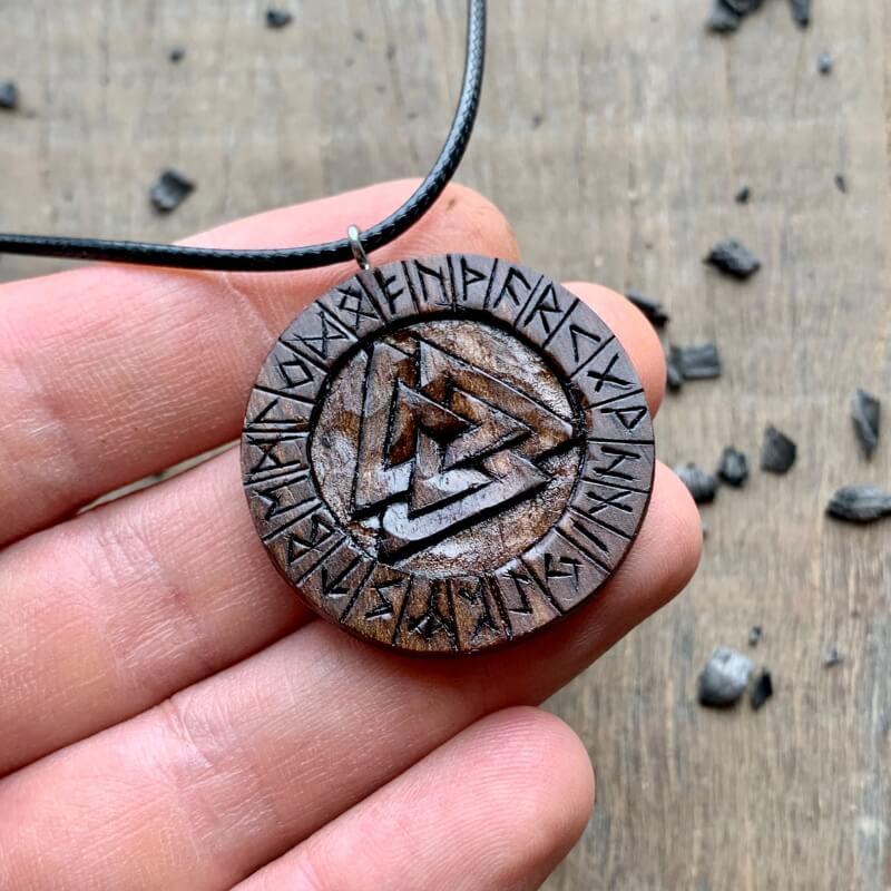 vkngjewelry Pendant Unique Walnut Wood Valknut and Runes Pendant