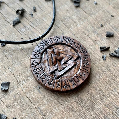 vkngjewelry Pendant Unique Walnut Wood Valknut and Runes Pendant