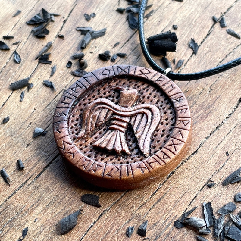 vkngjewelry Pendant Handcarved Unique Walnut Wood Viking Style Raven With Runes Pendant