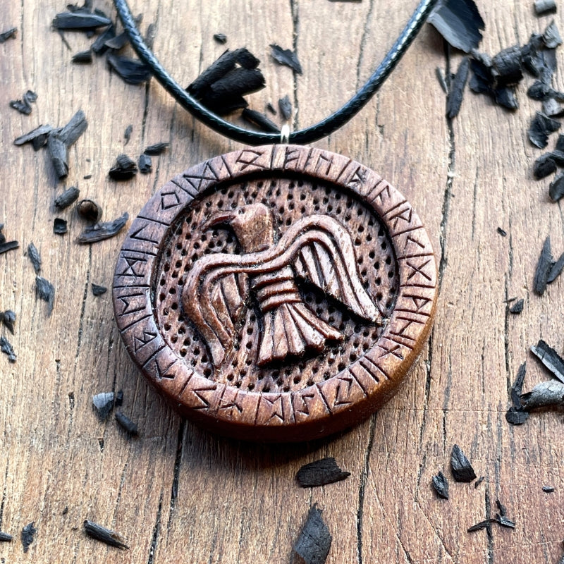 vkngjewelry Pendant Handcarved Unique Walnut Wood Viking Style Raven With Runes Pendant