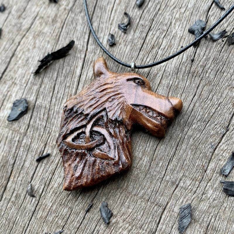 vkngjewelry Pendant Unique Walnut Wood Wolf Head and Triquetra Pendant