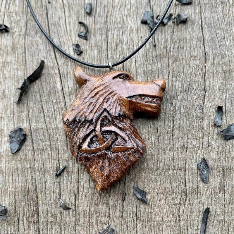 vkngjewelry Pendant Unique Walnut Wood Wolf Head and Triquetra Pendant