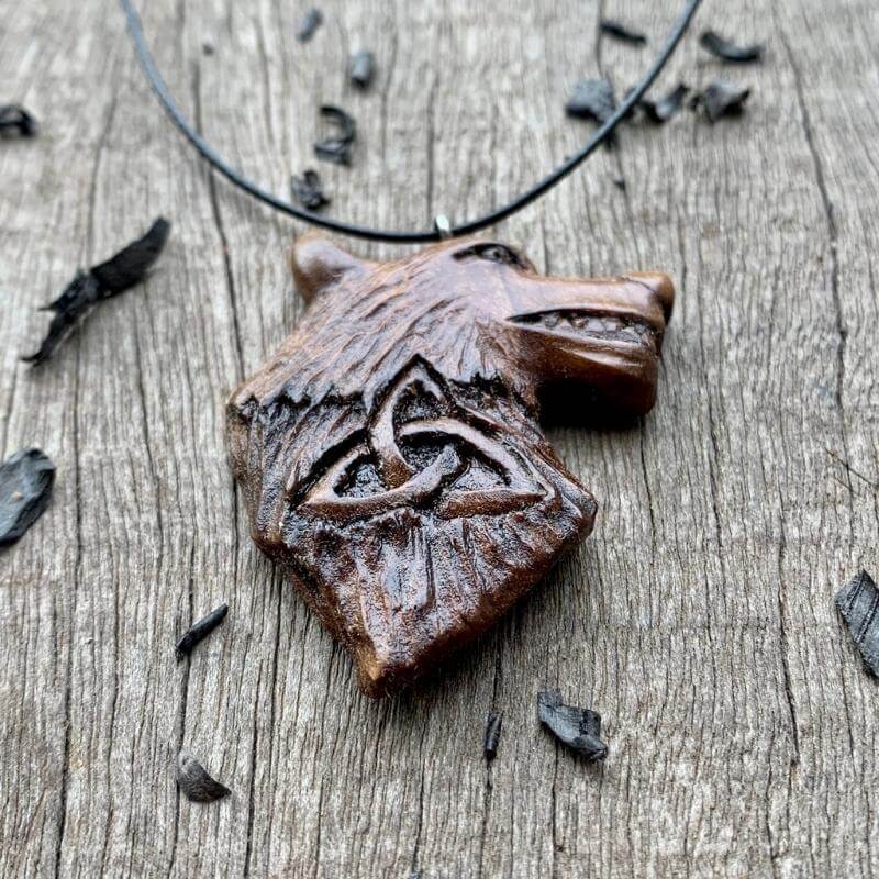 vkngjewelry Pendant Unique Walnut Wood Wolf Head and Triquetra Pendant