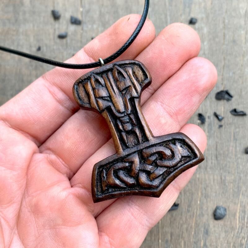 vkngjewelry Pendant Unique Walnut Wood Viking Wolf Mjolnir Pendant