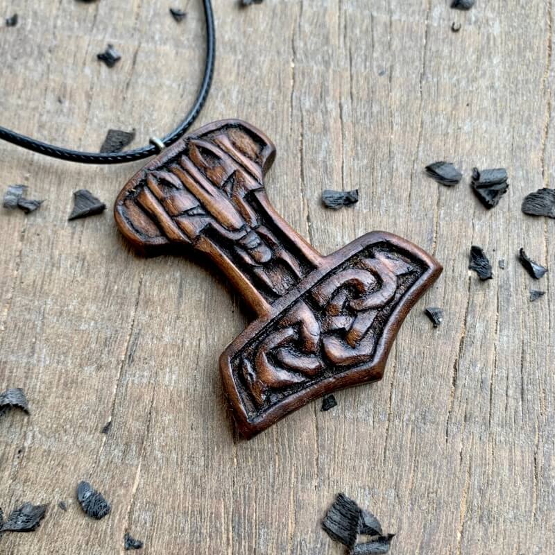 vkngjewelry Pendant Unique Walnut Wood Viking Wolf Mjolnir Pendant