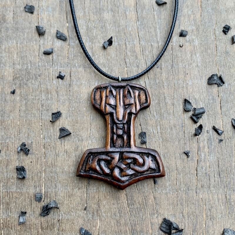 vkngjewelry Pendant Unique Walnut Wood Viking Wolf Mjolnir Pendant