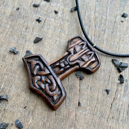 vkngjewelry Pendant Unique Walnut Wood Viking Wolf Mjolnir Pendant