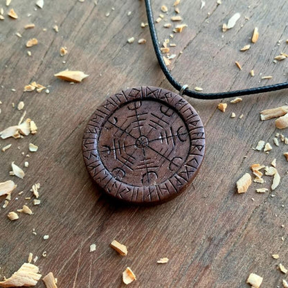 vkngjewelry Pendant Unique Wood Aegishjalmur Runes Pendant