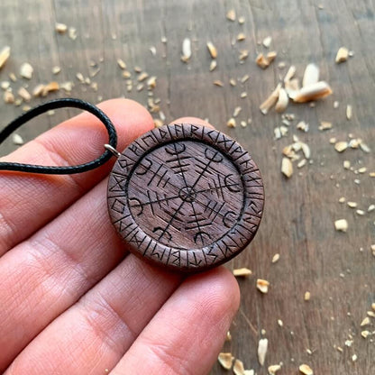 vkngjewelry Pendant Unique Wood Aegishjalmur Runes Pendant