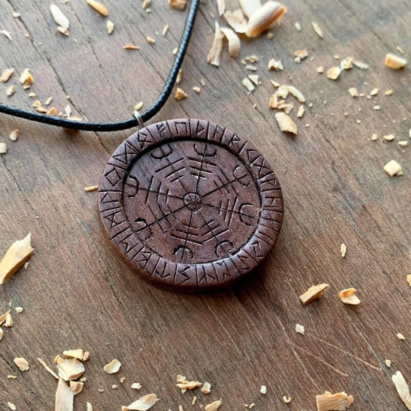 vkngjewelry Pendant Unique Wood Aegishjalmur Runes Pendant