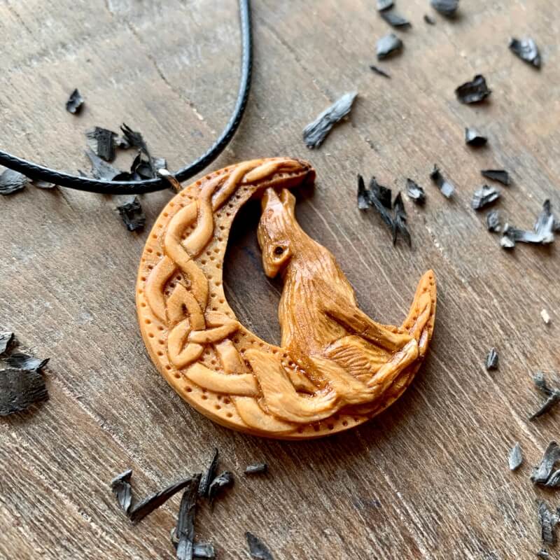vkngjewelry Pendant Unique Wood Celtic Wolf On The Moon With Triquetra Pendant Style 2