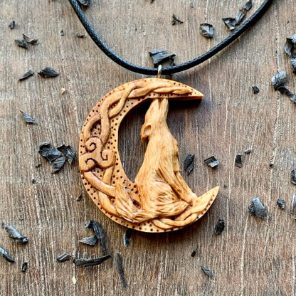 vkngjewelry Pendant Unique Wood Celtic Wolf On The Moon With Triquetra Pendant Style2