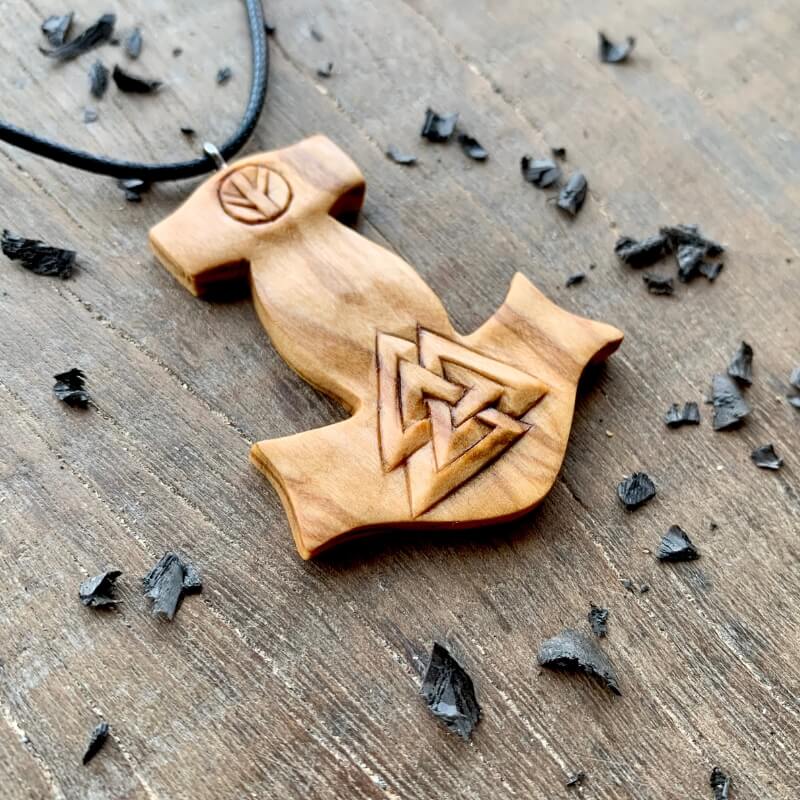 vkngjewelry Pendant Unique Wood Mjolnir With Valknut And Algiz Rune Pendant