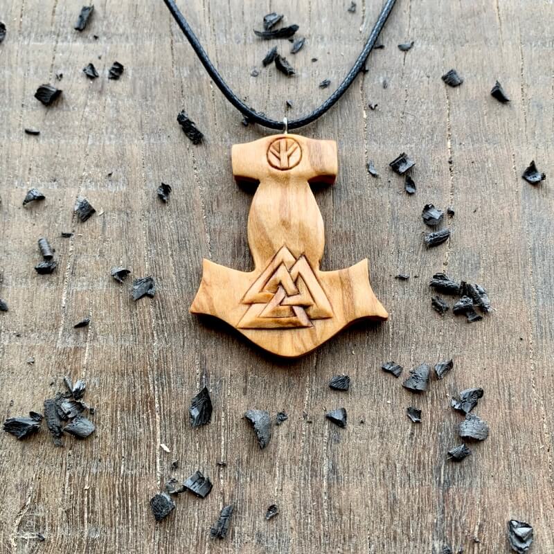 vkngjewelry Pendant Unique Wood Mjolnir With Valknut And Algiz Rune Pendant