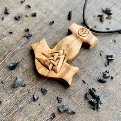 vkngjewelry Pendant Unique Wood Mjolnir With Valknut And Algiz Rune Pendant