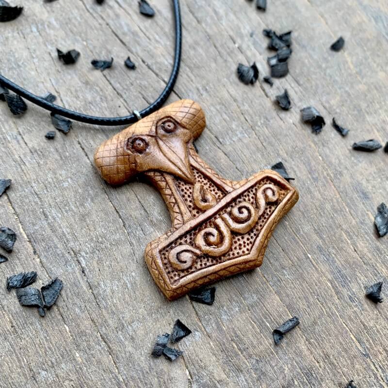 vkngjewelry Pendant Unique Wood Mjolnir Raven's Head Pendant