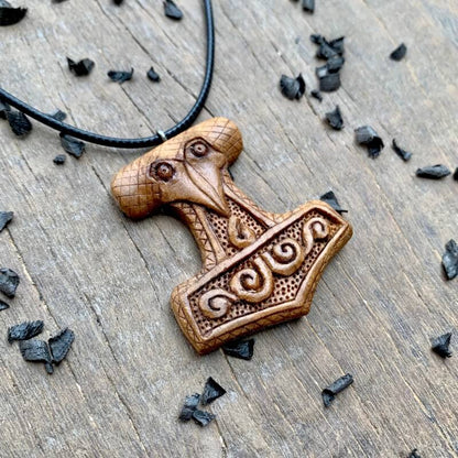 vkngjewelry Pendant Unique Wood Mjolnir Raven's Head Pendant