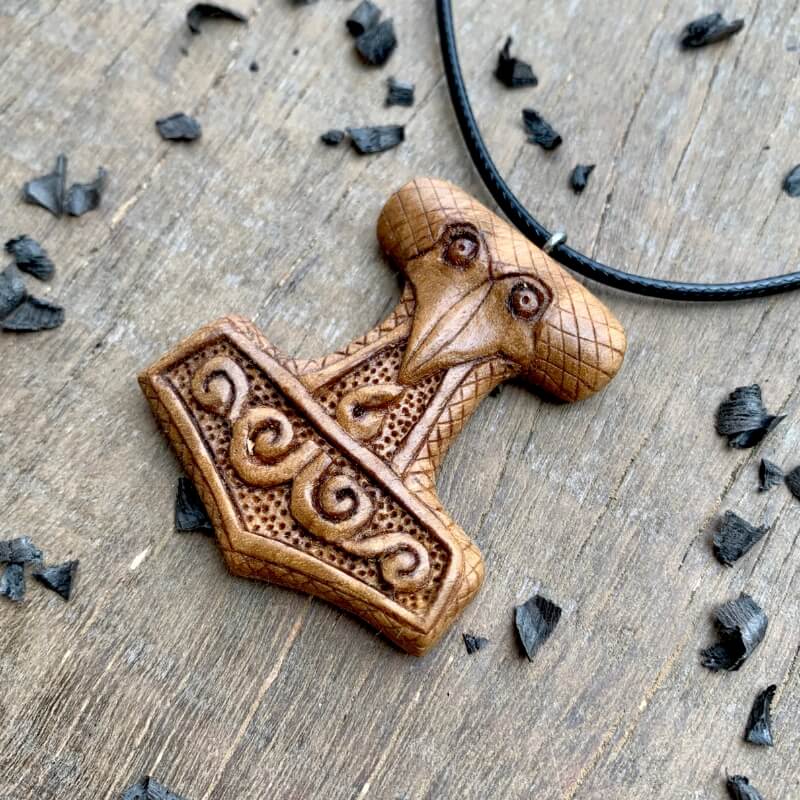 vkngjewelry Pendant Unique Wood Mjolnir Raven's Head Pendant