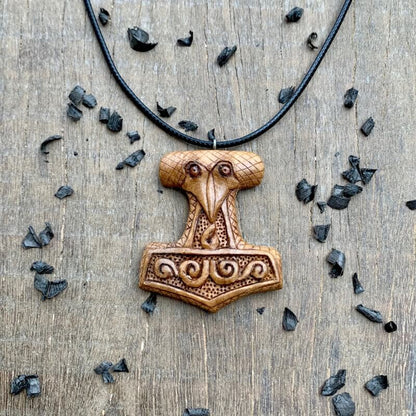 vkngjewelry Pendant Unique Wood Mjolnir Raven's Head Pendant