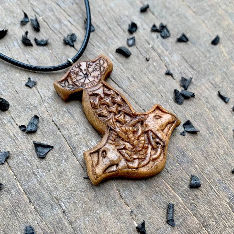 vkngjewelry Pendant Unique Wood Mjolnir With  Goats Pendant