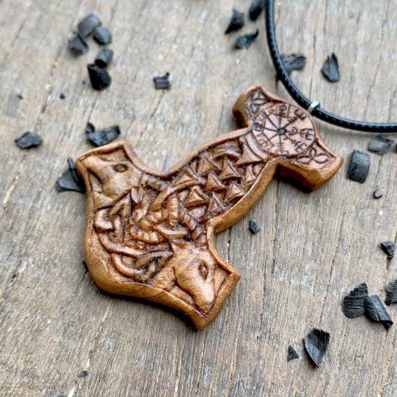 vkngjewelry Pendant Unique Wood Mjolnir With  Goats Pendant