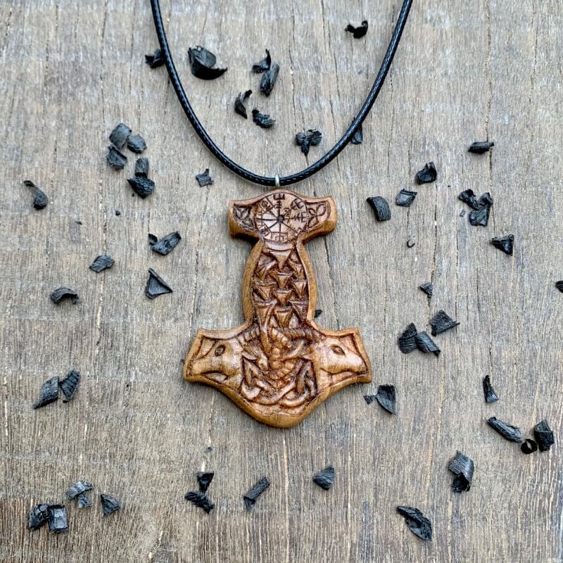 vkngjewelry Pendant Unique Wood Mjolnir With  Goats Pendant