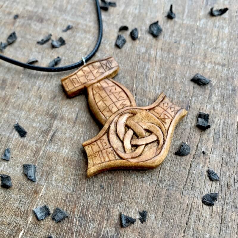 vkngjewelry Pendant Unique Wood Walnut Runic Mjolnir Odin's Horns Pendant