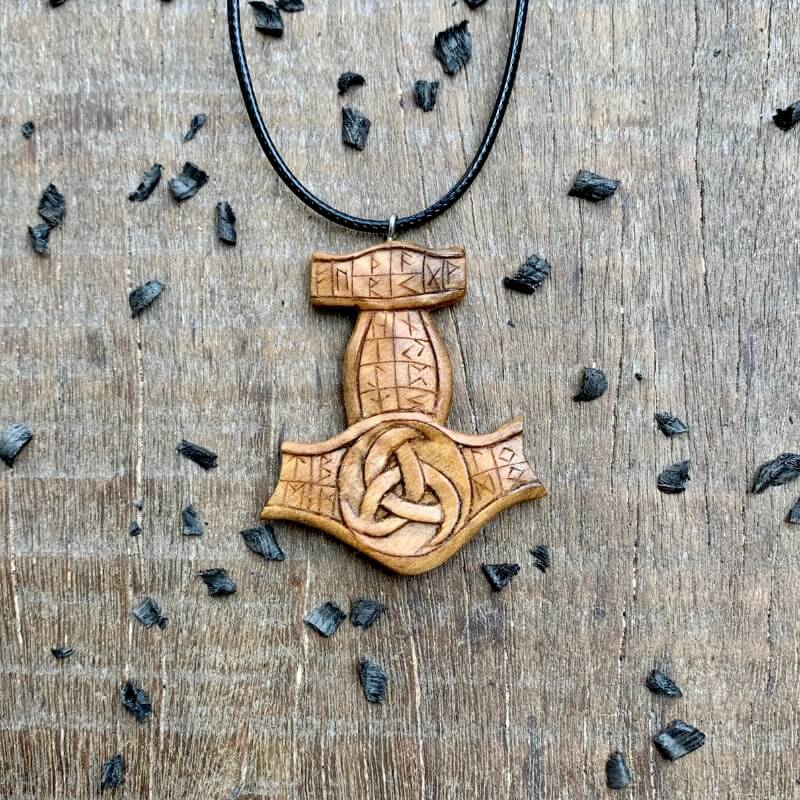 vkngjewelry Pendant Unique Wood Walnut Runic Mjolnir Odin's Horns Pendant