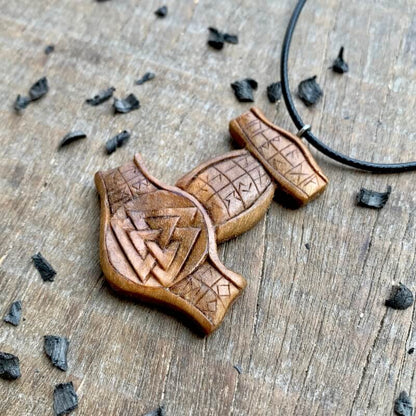 vkngjewelry Pendant Unique Wood Runic Mjolnir Valknut Pendant