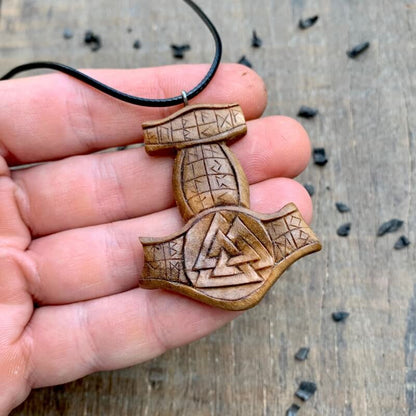 vkngjewelry Pendant Unique Wood Runic Mjolnir Valknut Pendant