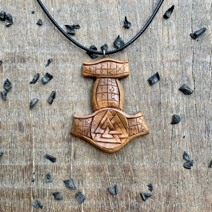 vkngjewelry Pendant Unique Wood Runic Mjolnir Valknut Pendant