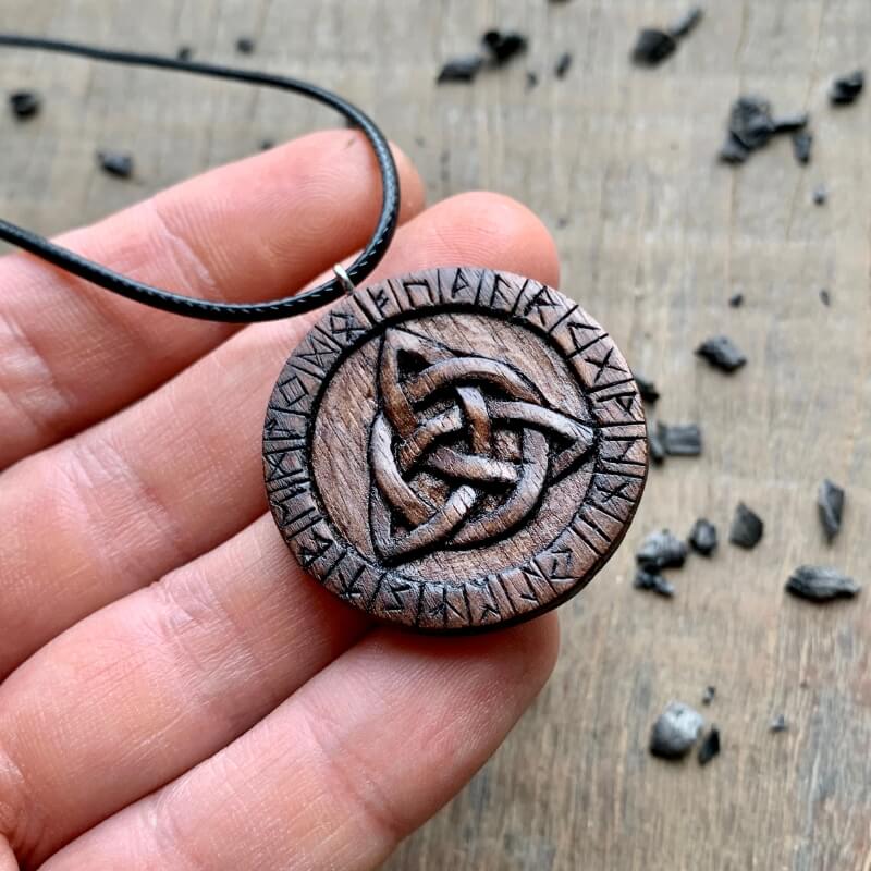 vkngjewelry Pendant Handcarved Unique Wood Triquetra and Runes Pendant