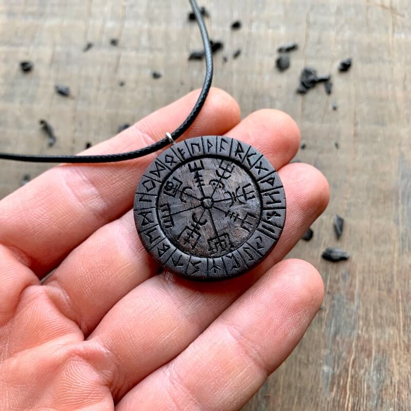 vkngjewelry Pendant Unique Wood Vegvisir Runes Pendant