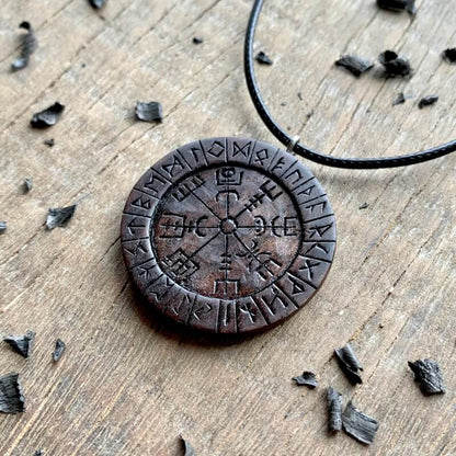 vkngjewelry Pendant Unique Wood Vegvisir Runes Pendant