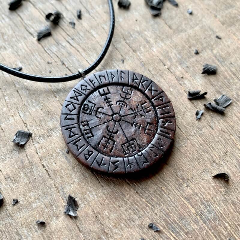 vkngjewelry Pendant Unique Wood Vegvisir Runes Pendant