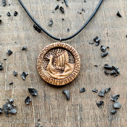 vkngjewelry Pendant Unique Wood Walnut Drakkar Runes Pendant