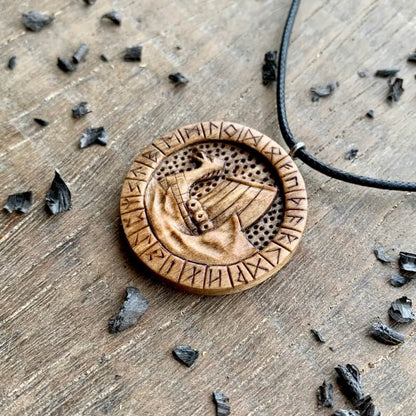 vkngjewelry Pendant Unique Wood Walnut Drakkar Runes Pendant