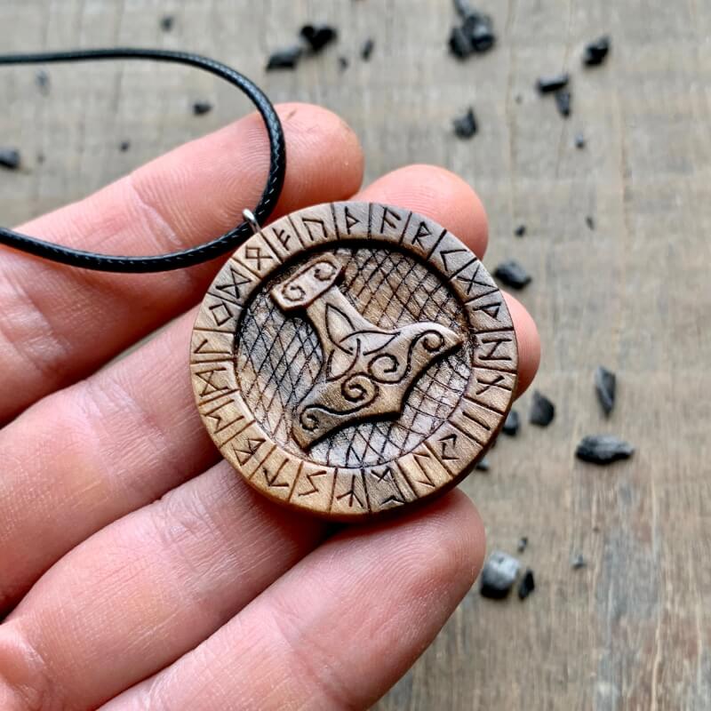 vkngjewelry Pendant Unique Wood Walnut Mjolnir Runes Pendant