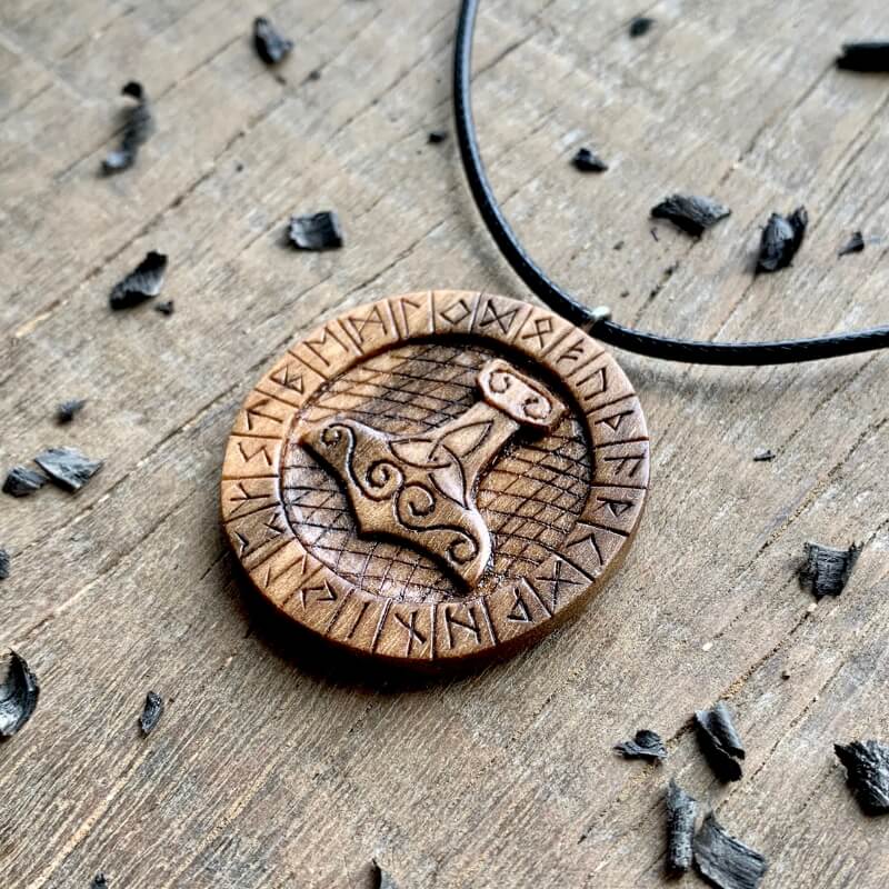 vkngjewelry Pendant Unique Wood Walnut Mjolnir Runes Pendant