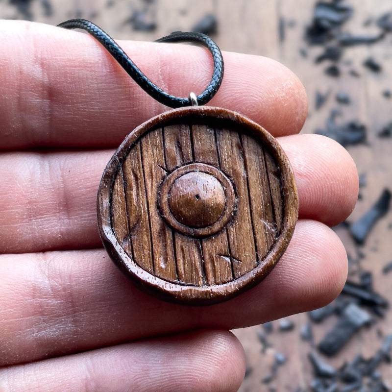 vkngjewelry Pendant Handcarved Unique Wood Walnut Viking Old Style Shield Pendant