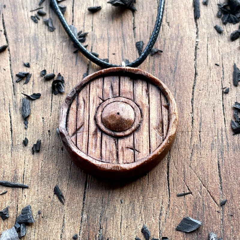 vkngjewelry Pendant Handcarved Unique Wood Walnut Viking Old Style Shield Pendant