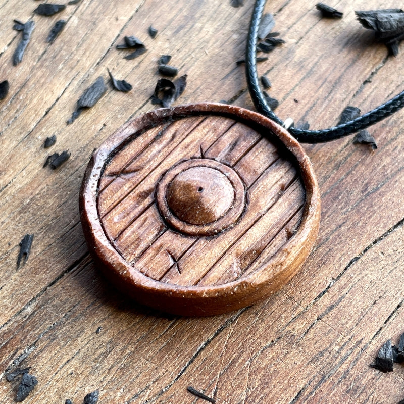 vkngjewelry Pendant Handcarved Unique Wood Walnut Viking Old Style Shield Pendant
