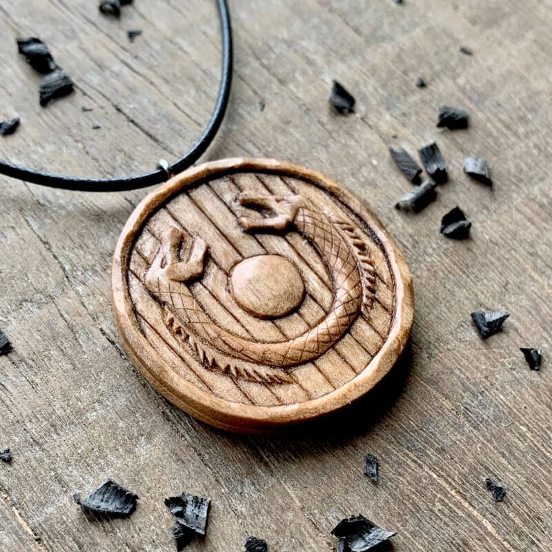 vkngjewelry Pendant Unique Wood Walnut Viking Shield Dragons Pendant