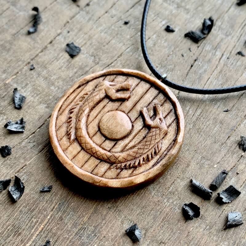 vkngjewelry Pendant Unique Wood Walnut Viking Shield Dragons Pendant