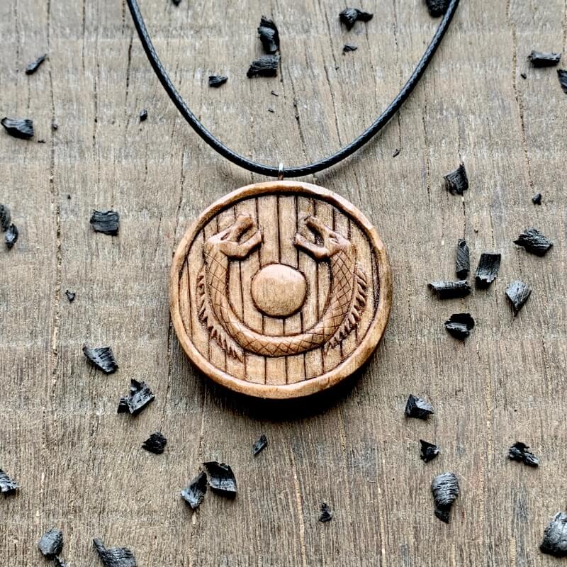 vkngjewelry Pendant Unique Wood Walnut Viking Shield Dragons Pendant