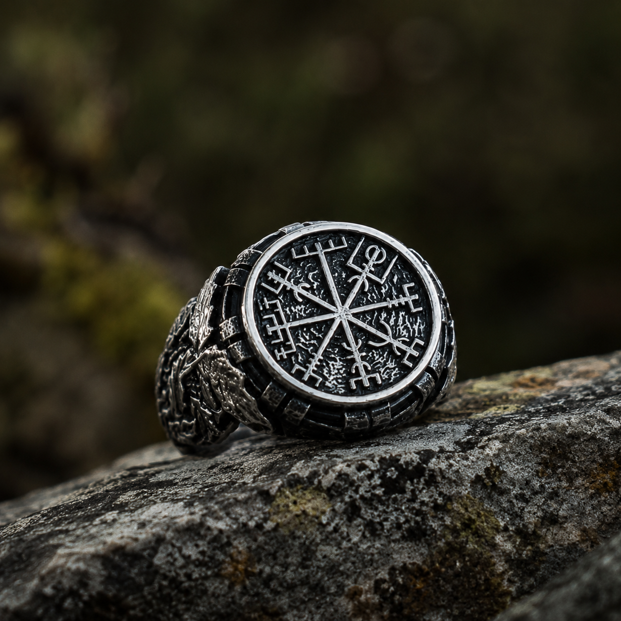 vkngjewelry Ring Handcrafted Vegvisir Symbol Aka Runic Compass With Oak Leaves Sterling Silver Viking Ring