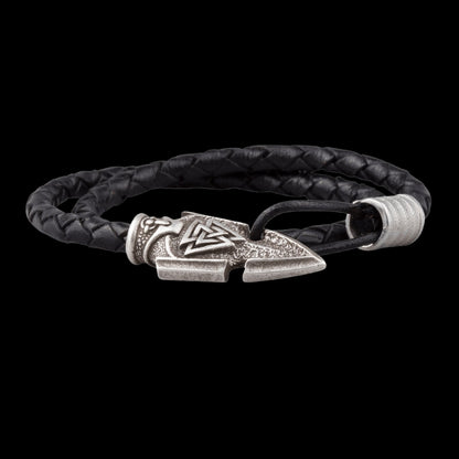 vkngjewelry Bracelet Handcrafted Valknut Odin's Spear Silvered Leather Bracelet