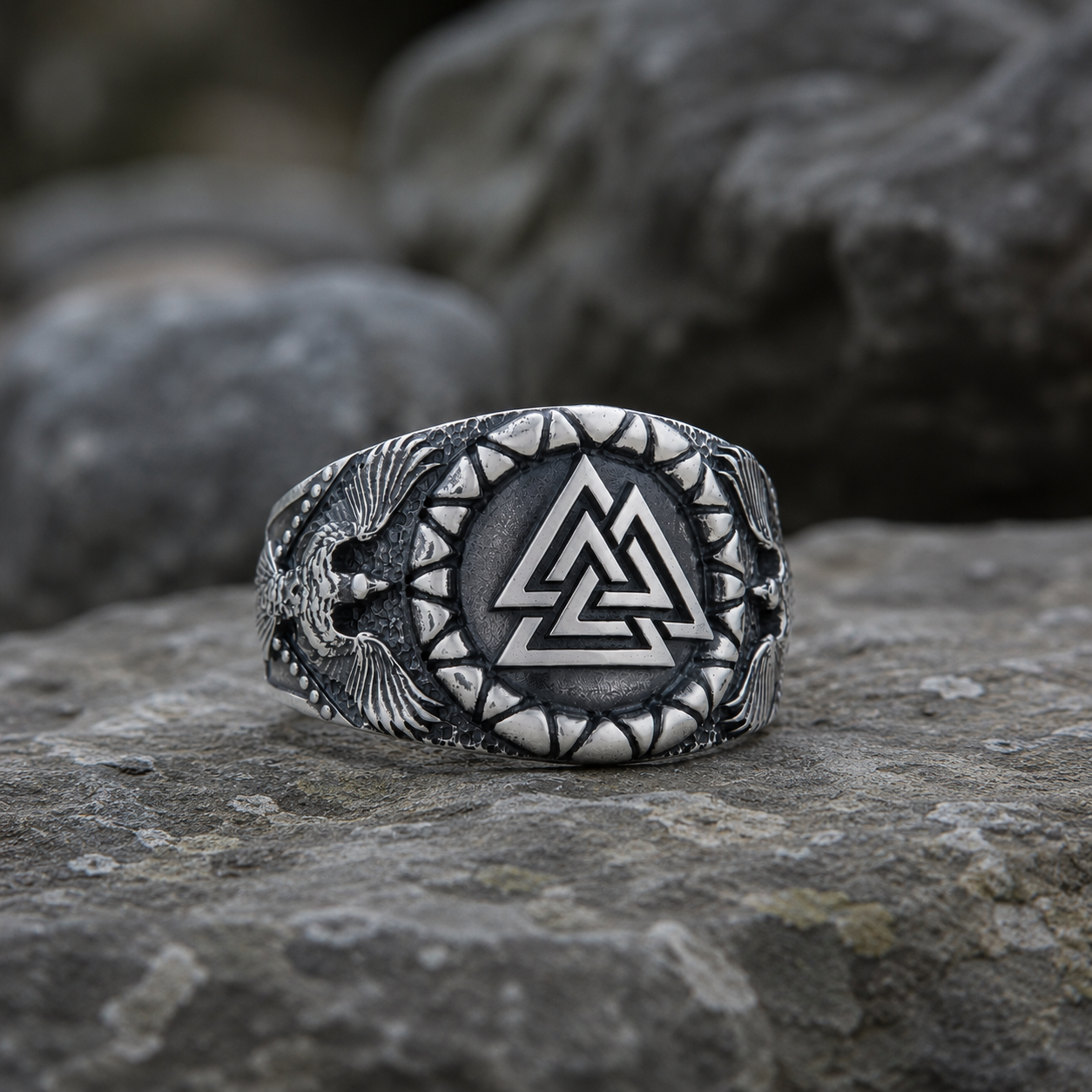 vkngjewelry Ring Handcrafted Valknut Symbol Raven Style Sterling Silver Ring