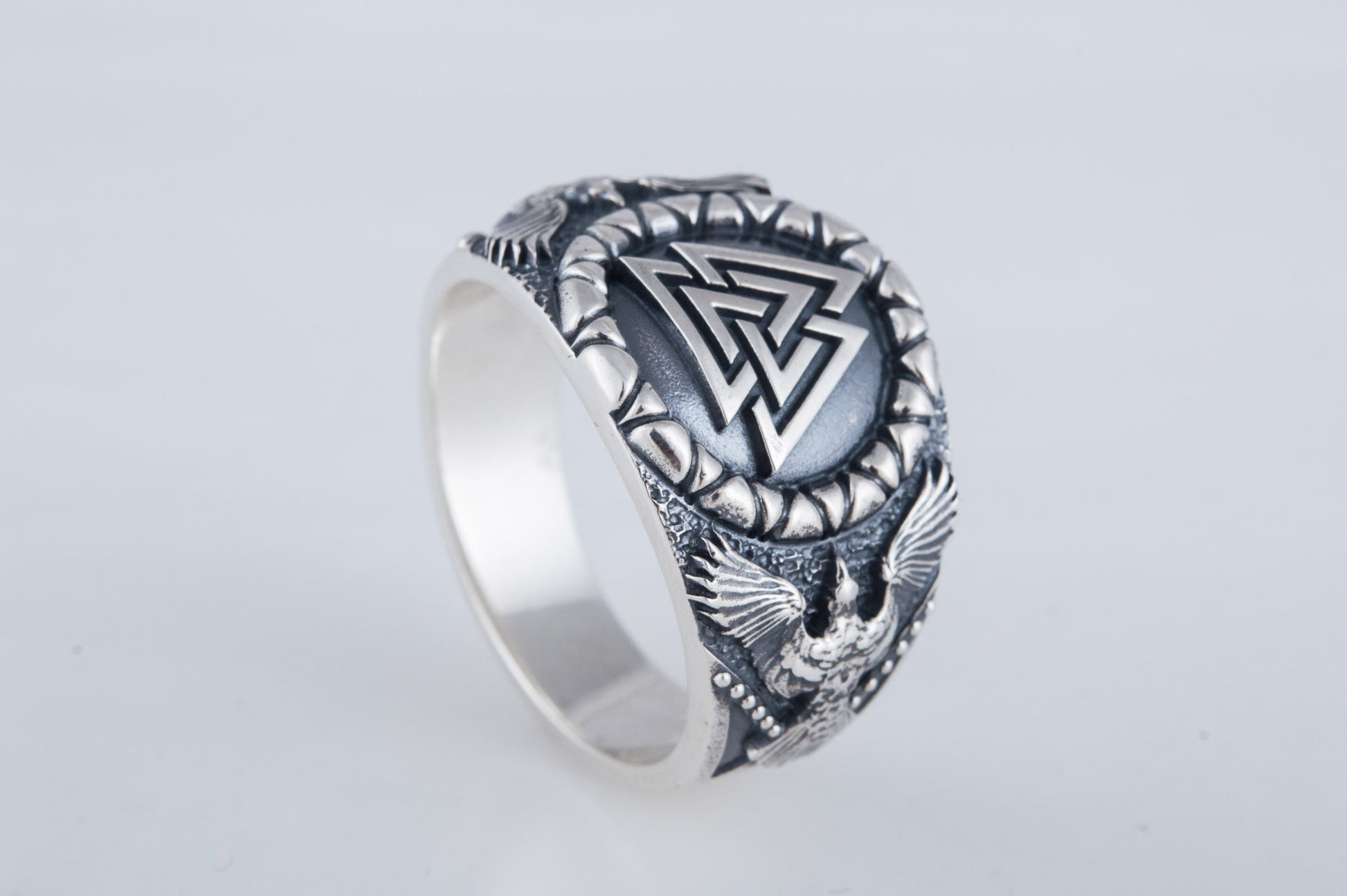 vkngjewelry Ring Handcrafted Valknut Symbol Raven Style Sterling Silver Ring